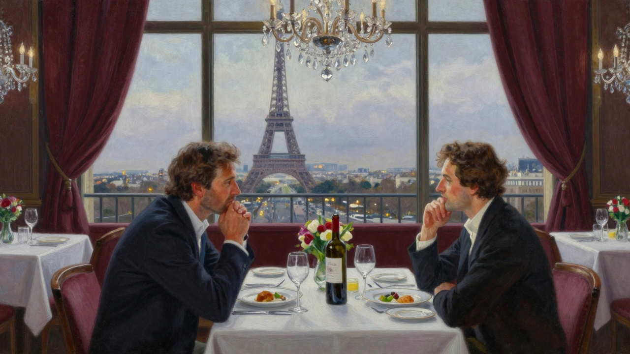 An intimate dinner at Le Jules Verne with the Paris skyline visible through floor-to-ceiling windows.