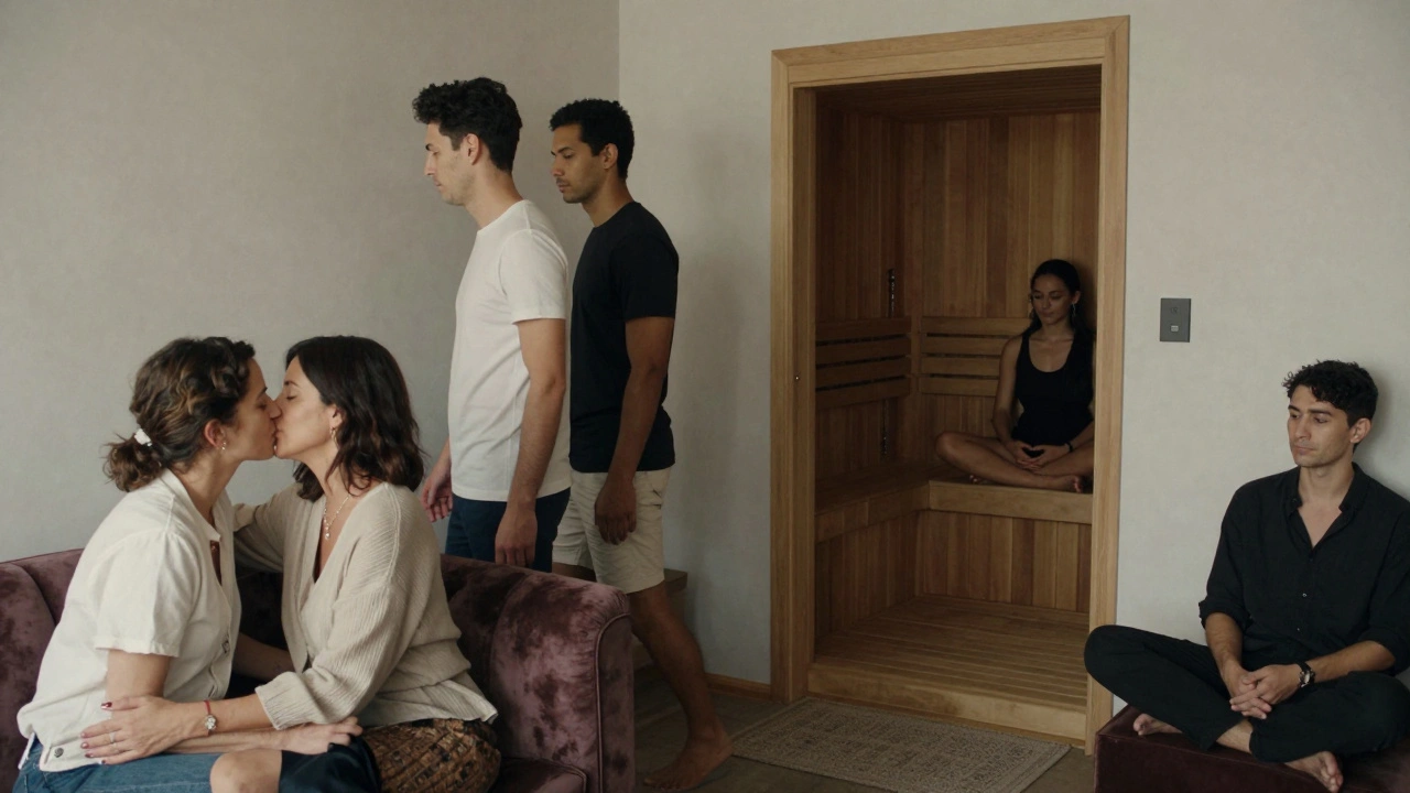 Diverse adults in elegant clothes interacting peacefully across different zones of a discreet intimate space.