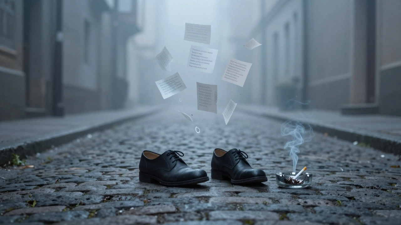 Empty shoes and a smoldering cigarette on a cobblestone path, with floating fragments of whispered words dissolving into fog.