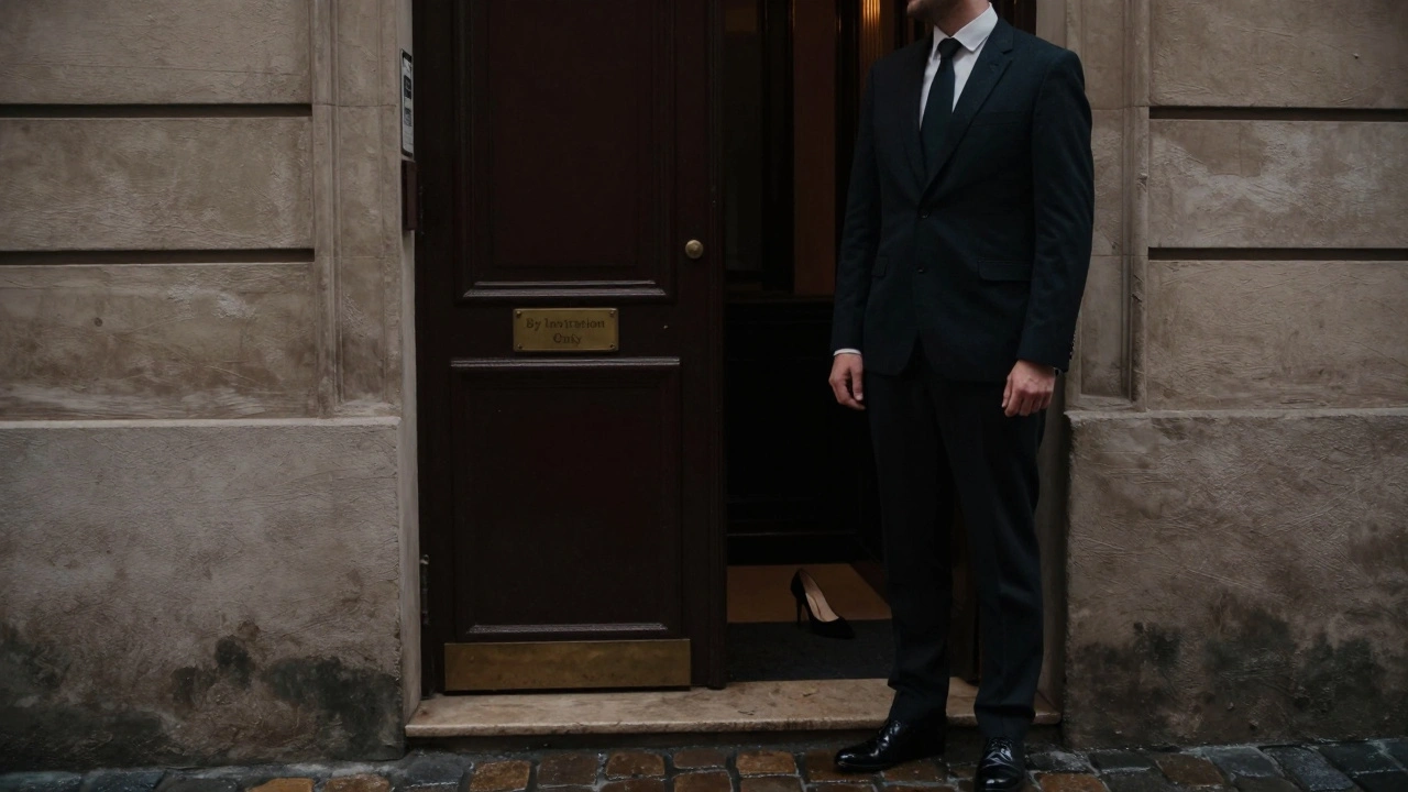 Hidden exclusive club entrance in a Paris alley with doorman and single high heel visible.