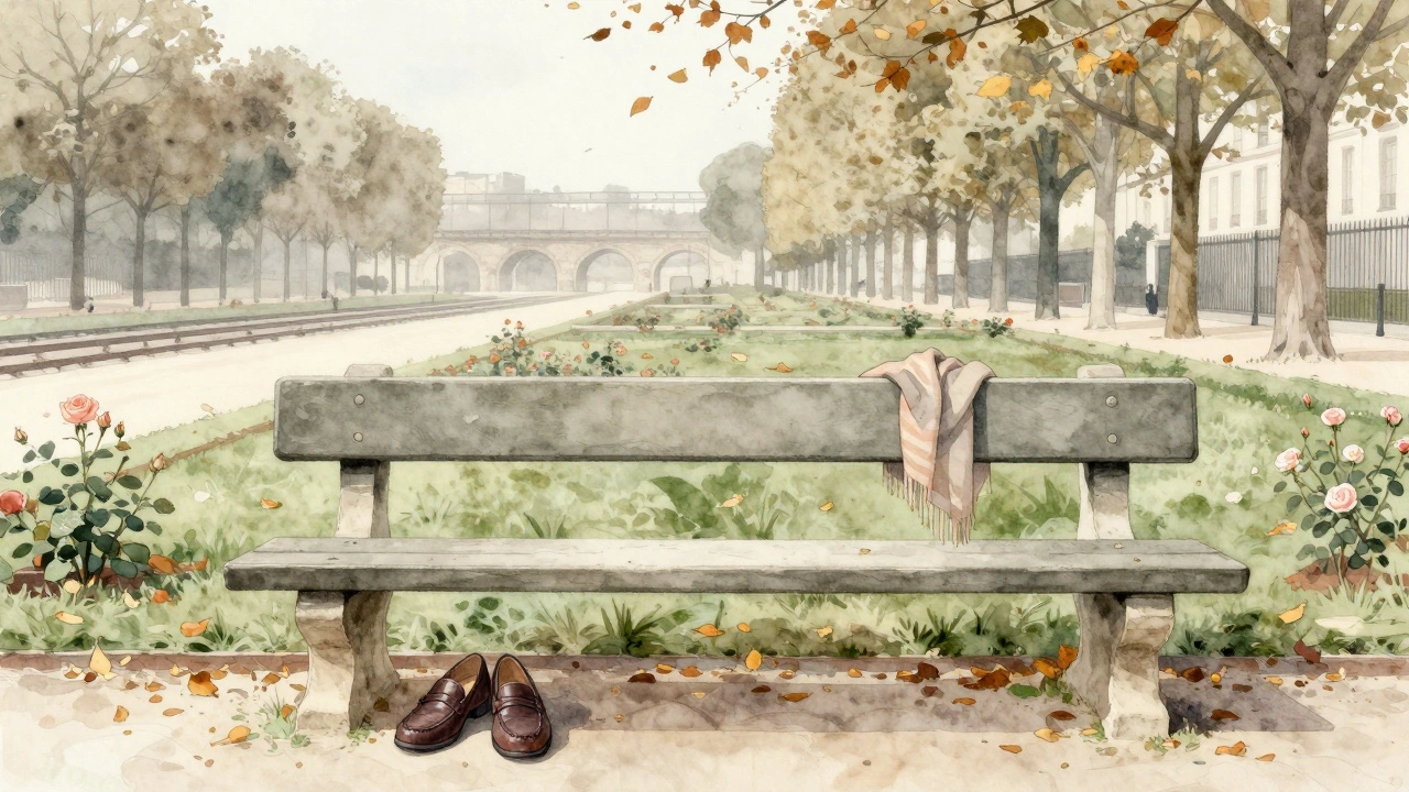 Loafers and a scarf on a bench in Parc de Bercy, autumn leaves falling, no people visible.