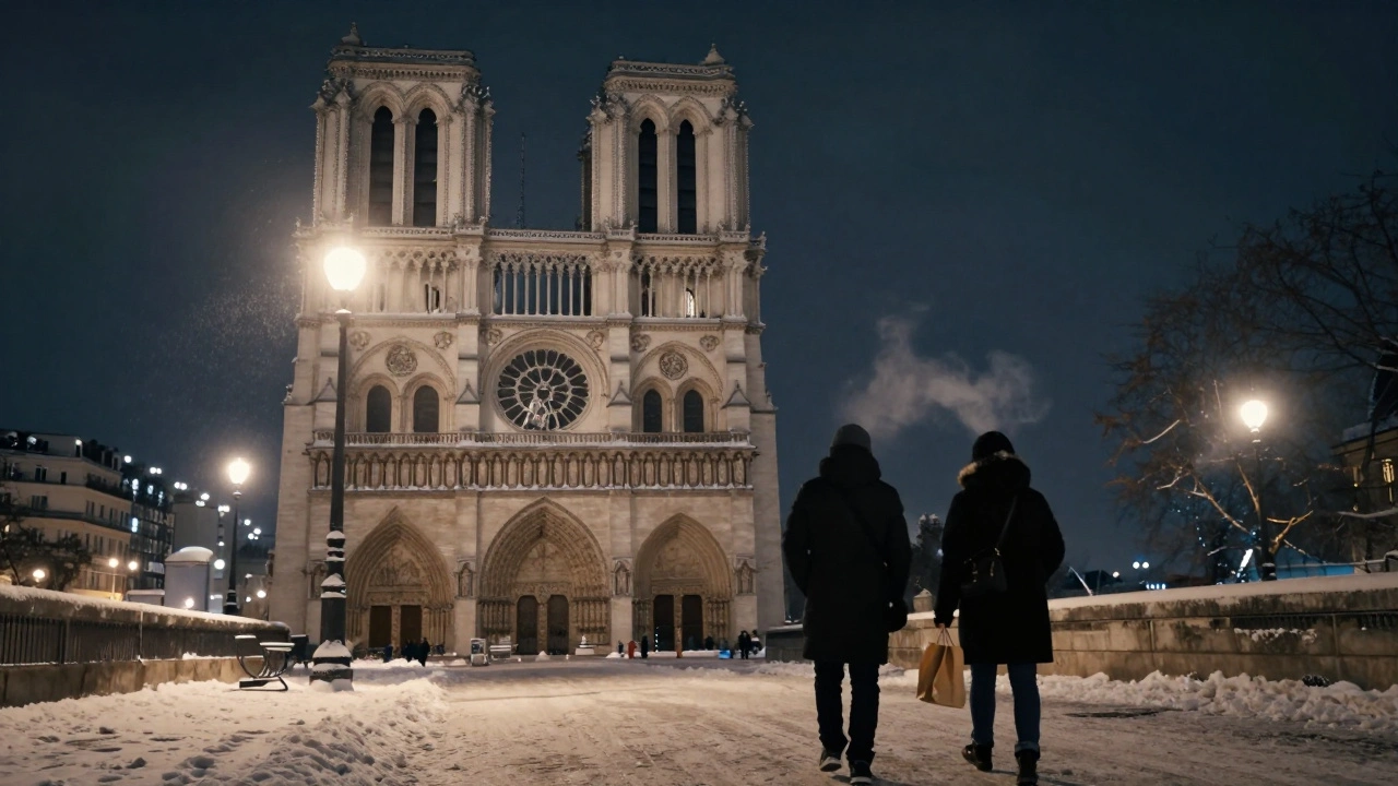 Silhouettes walk in silence through snowfall near Notre-Dame at night, soft streetlights casting warm glows.