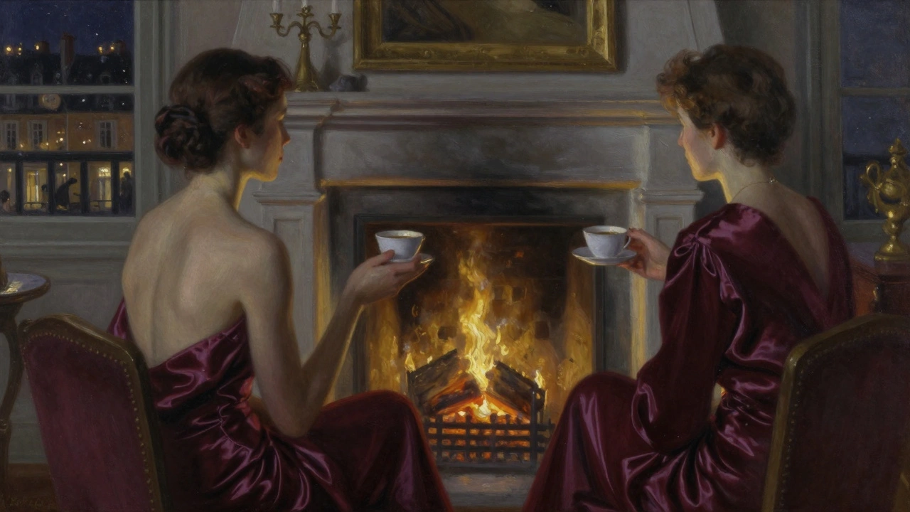 Two figures in silhouette beside a fireplace, sharing a quiet moment in a private Parisian lounge.