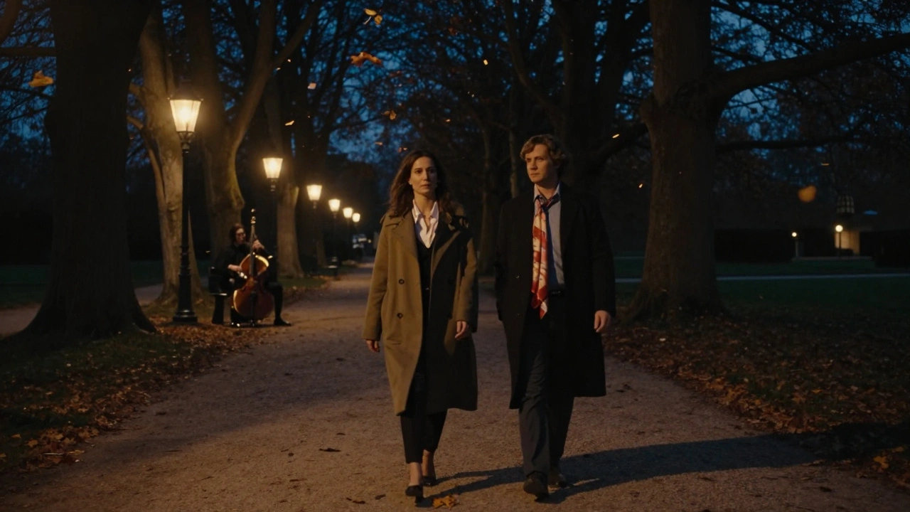Two figures walk peacefully through Luxembourg Gardens at night, jazz music faintly playing in the distance.