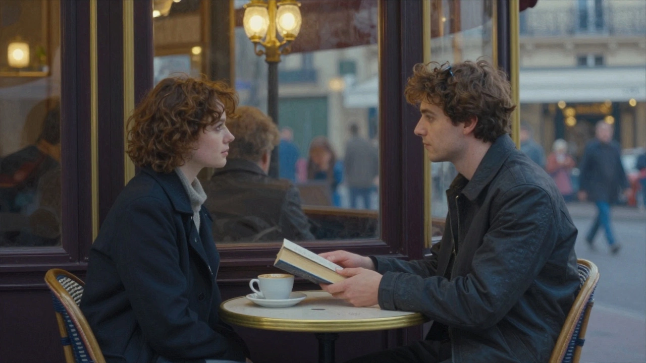 Two people at a café table in Paris, sharing quiet companionship with no words exchanged.