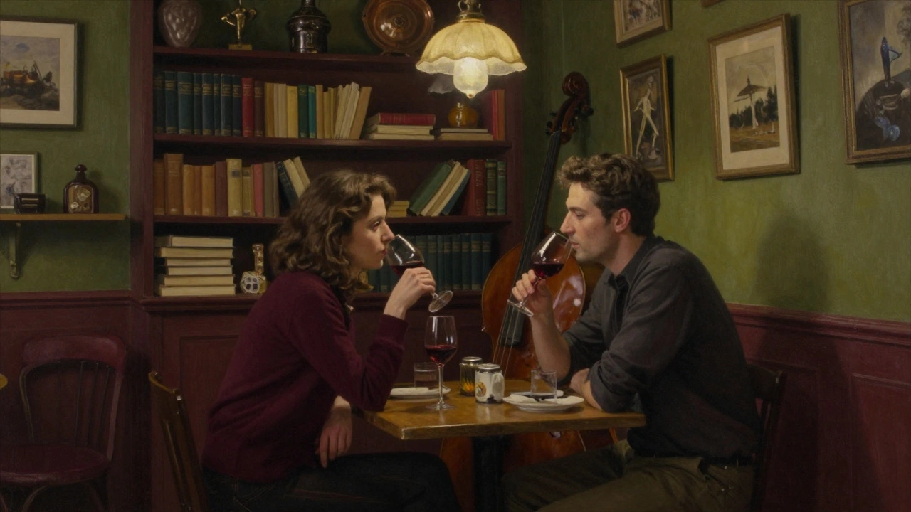 Two people having a quiet conversation in Le Comptoir Général, surrounded by vintage decor and soft light.