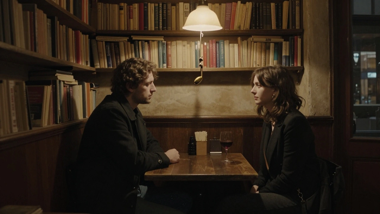 Two people in a hidden jazz bar, one listening quietly, books and soft light creating an intimate, silent moment.