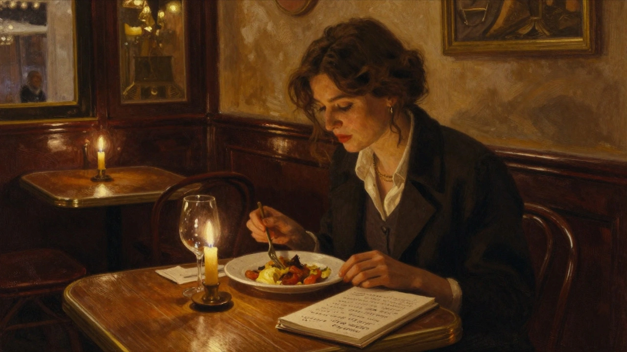 Two people share a quiet dinner in a cozy Parisian bistro, candlelight illuminating their conversation.