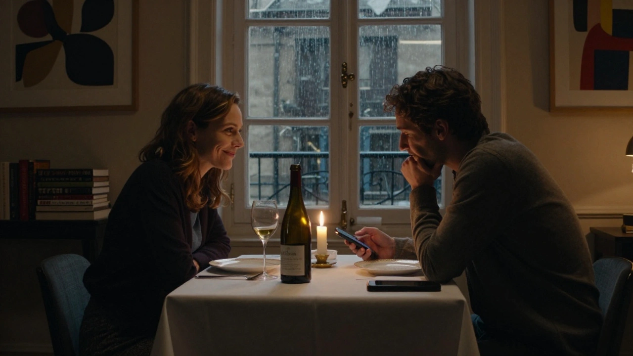 Two people share a quiet dinner in a private apartment, candlelight glowing, wine on the table.