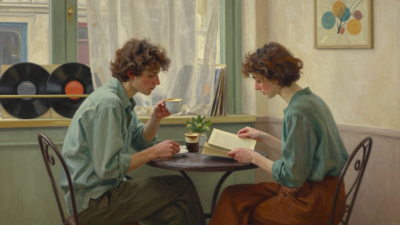 Two people share a quiet moment in a cozy Paris 14 café with books and vinyl records nearby.