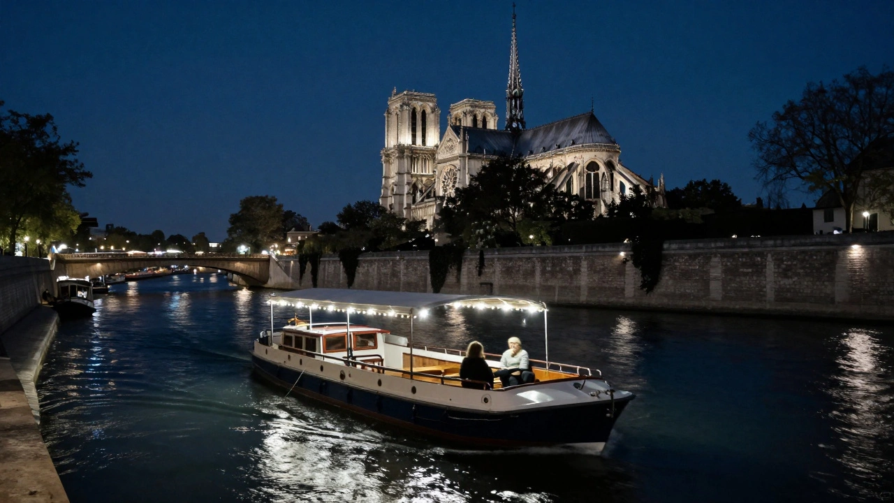 Two people silently enjoy a midnight boat ride on the Seine under soft lights.