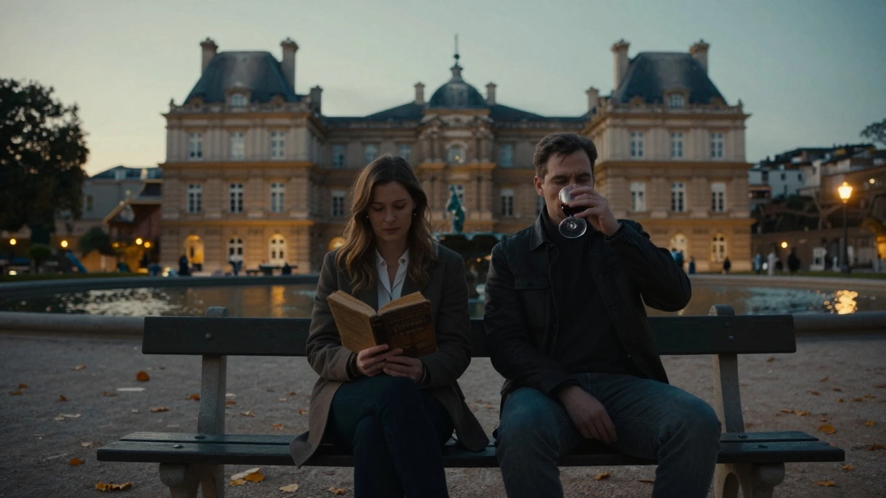 Two people sitting quietly on a bench in Luxembourg Gardens at sunset, wine and book beside them.