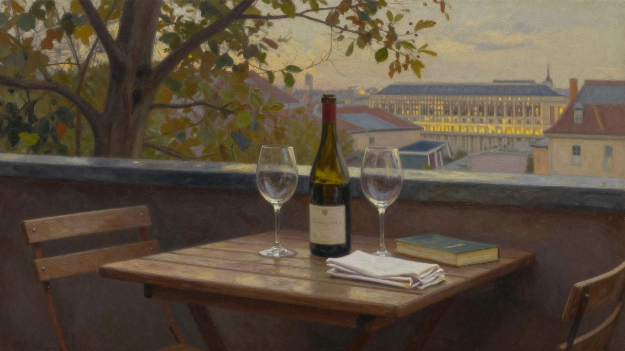 Two wine glasses and a book on a terrace table at dusk, soft light filtering through trees.