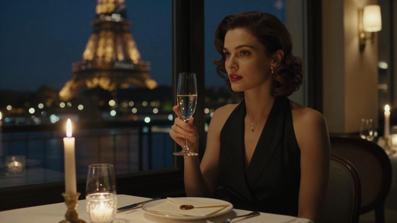 Woman in evening dress at elegant Paris restaurant, Eiffel Tower reflected in window.