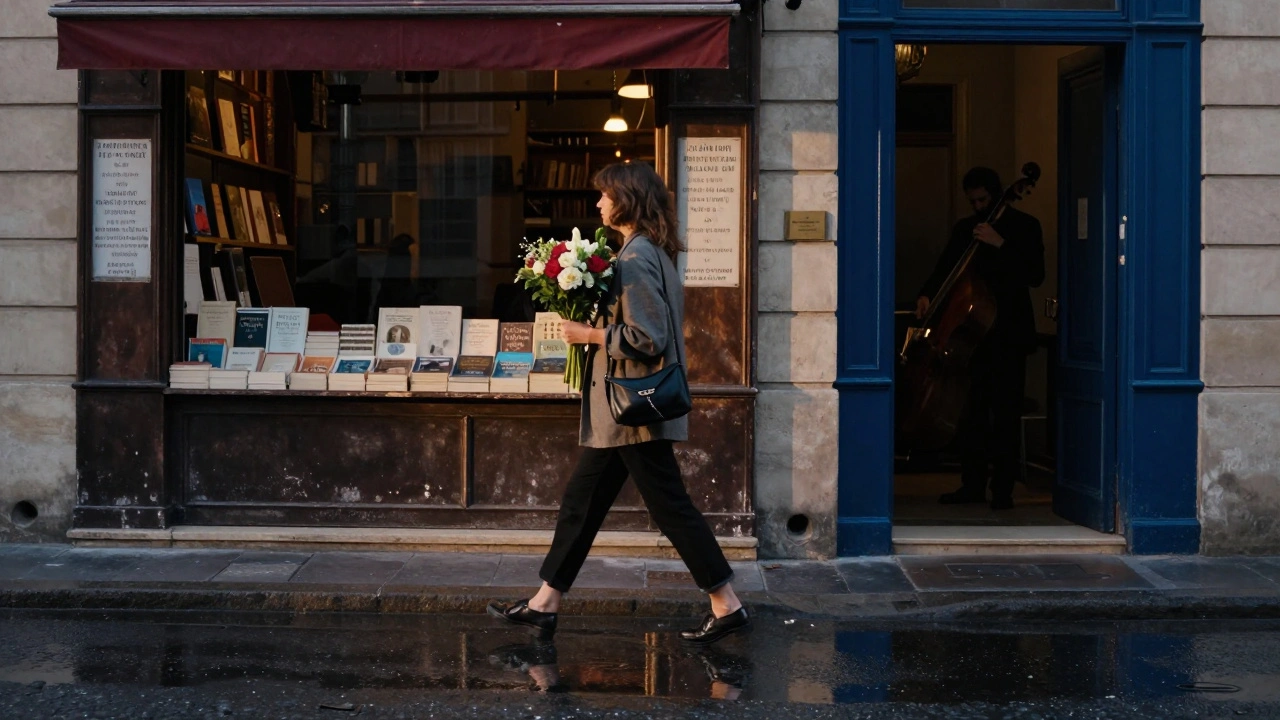 Woman walking through Le Marais at dawn with flowers, reflection showing jazz musician in puddle.