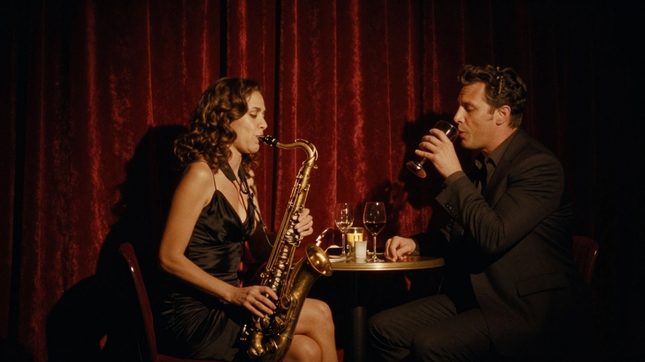 A couple enjoys live jazz in a dimly lit Parisian club, lost in the music and each other's presence.