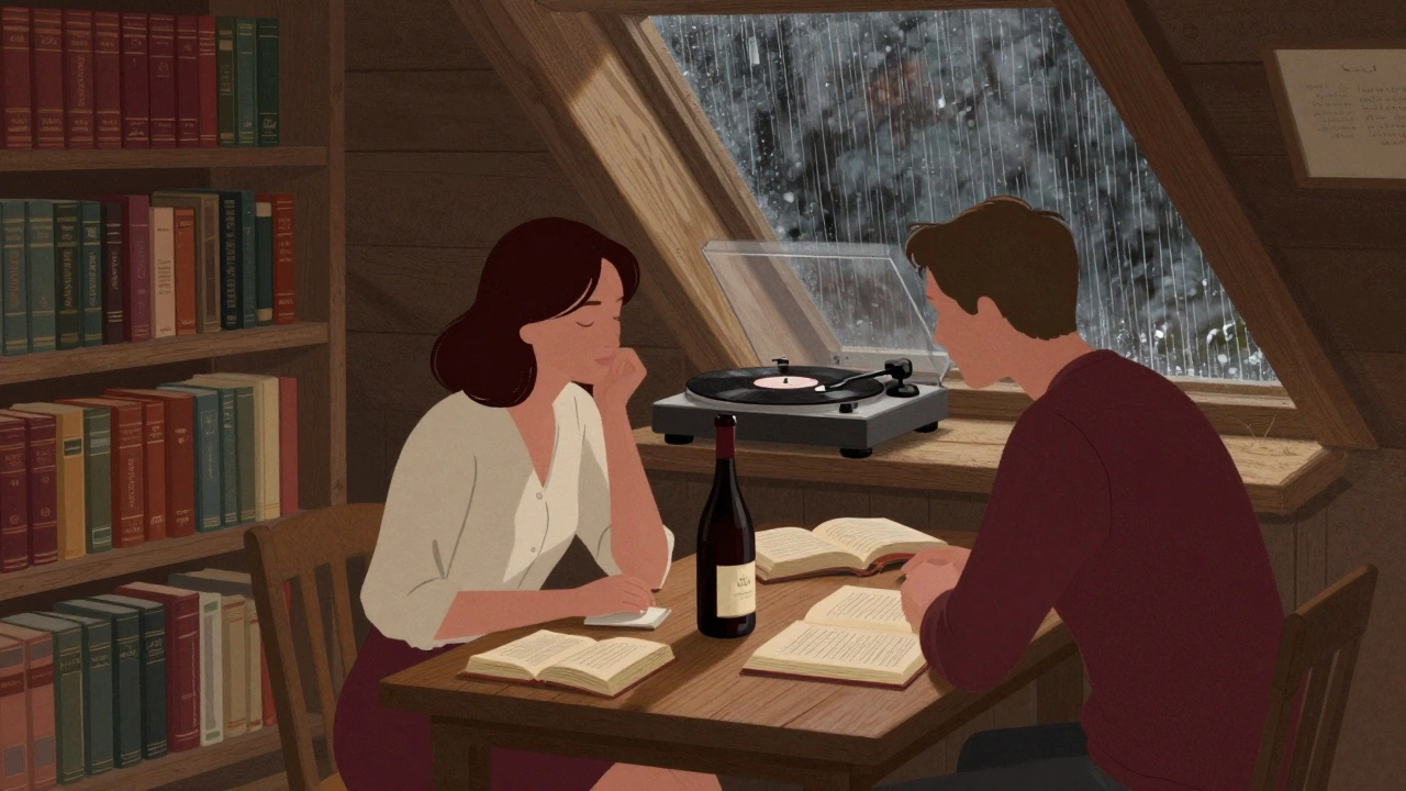 A couple shares wine and conversation in a quiet bookshop attic filled with vintage books and warm lamplight.