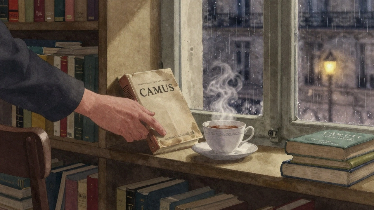 A hand placing a book on a shelf beside a teacup in a cozy Paris apartment, warm lamplight, rain on the window.