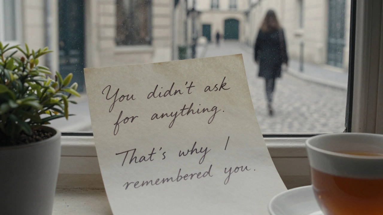 A handwritten note rests beside a teacup on a windowsill, overlooking a Parisian courtyard in winter.