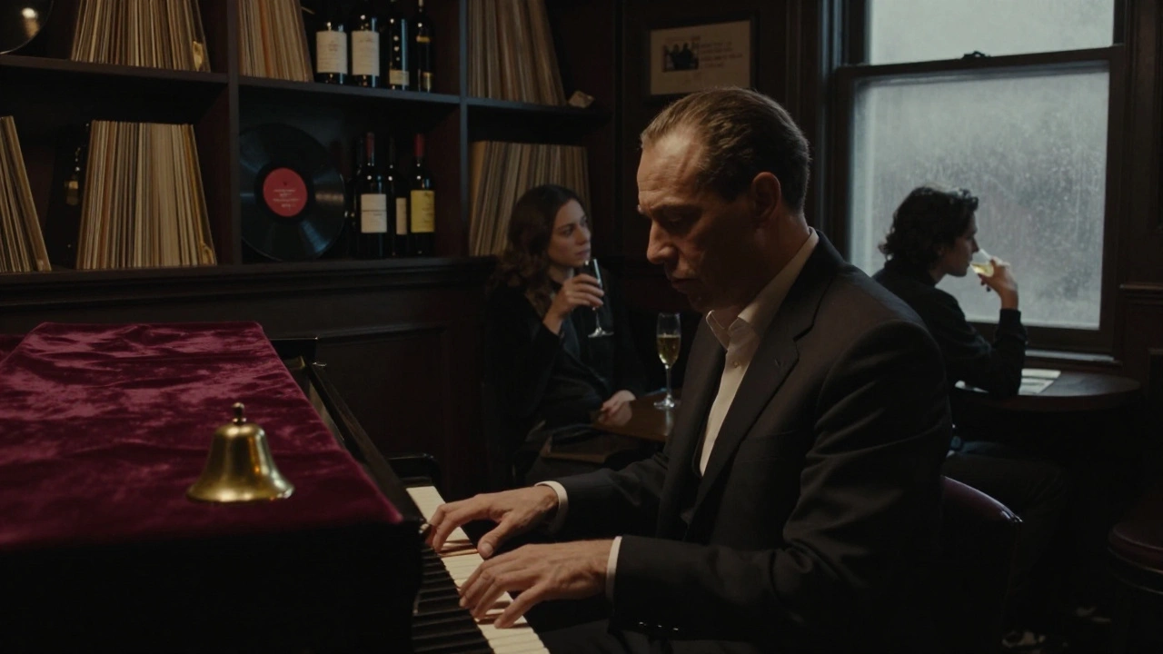 A jazz pianist plays in a dim, intimate club with vinyl shelves and a single brass bell.