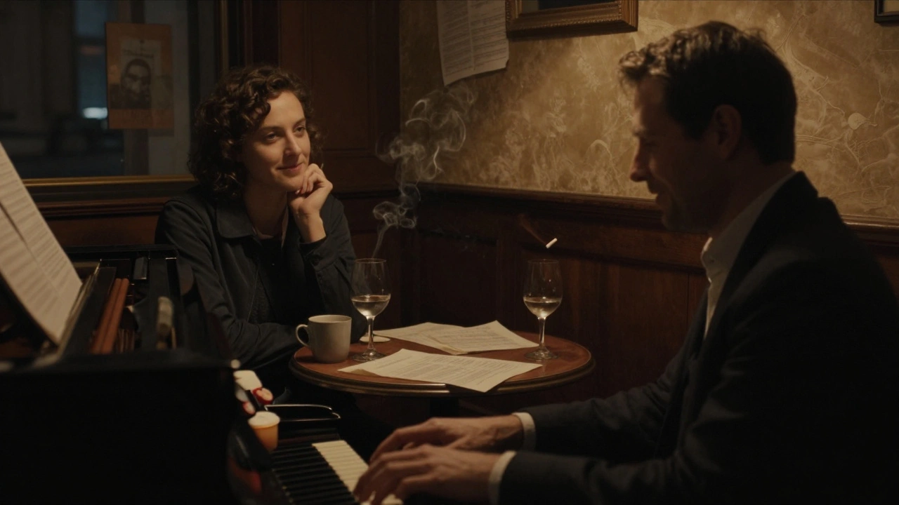 A jazz pianist plays in a dimly lit Parisian bar as two figures listen in quiet contemplation, surrounded by warm amber light.