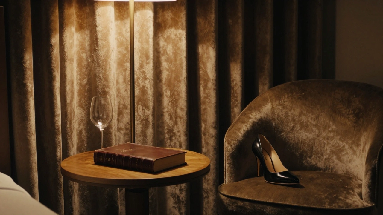 A luxurious boutique hotel room with warm lighting, wine glass, and book, evoking quiet intimacy.