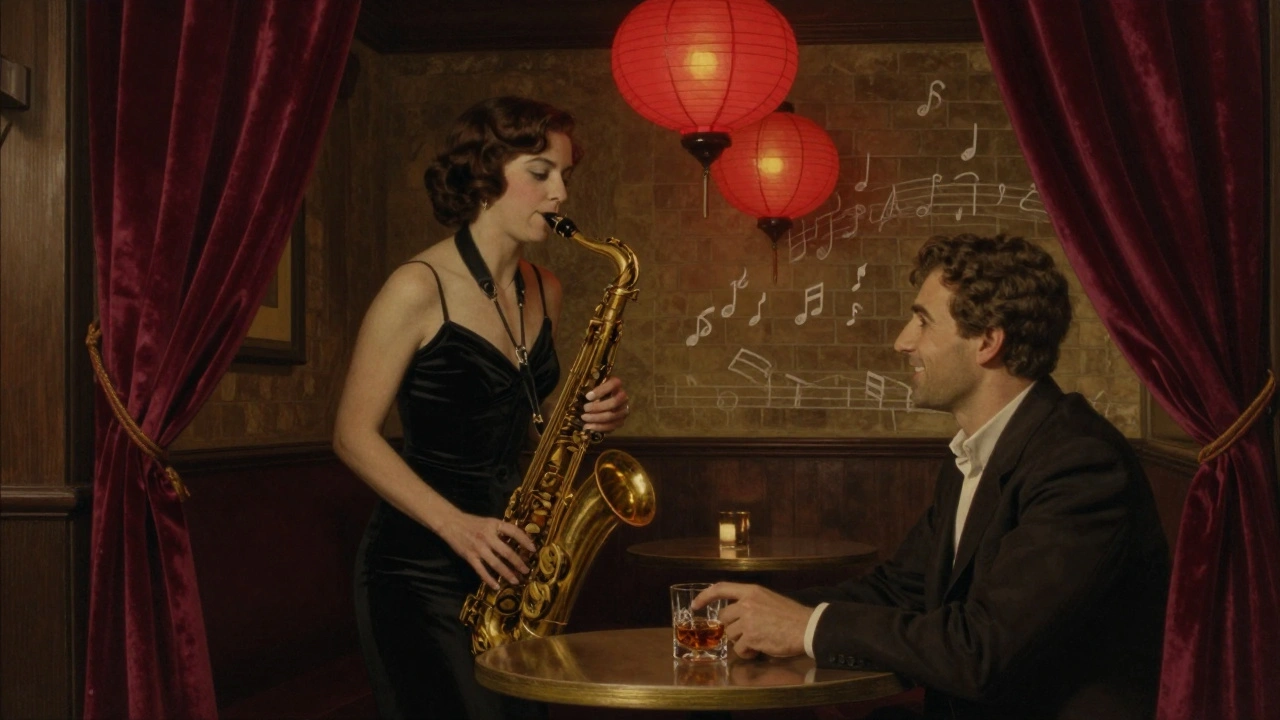 A man and woman in a dim jazz lounge, listening to a saxophone, surrounded by velvet curtains and warm lantern light.