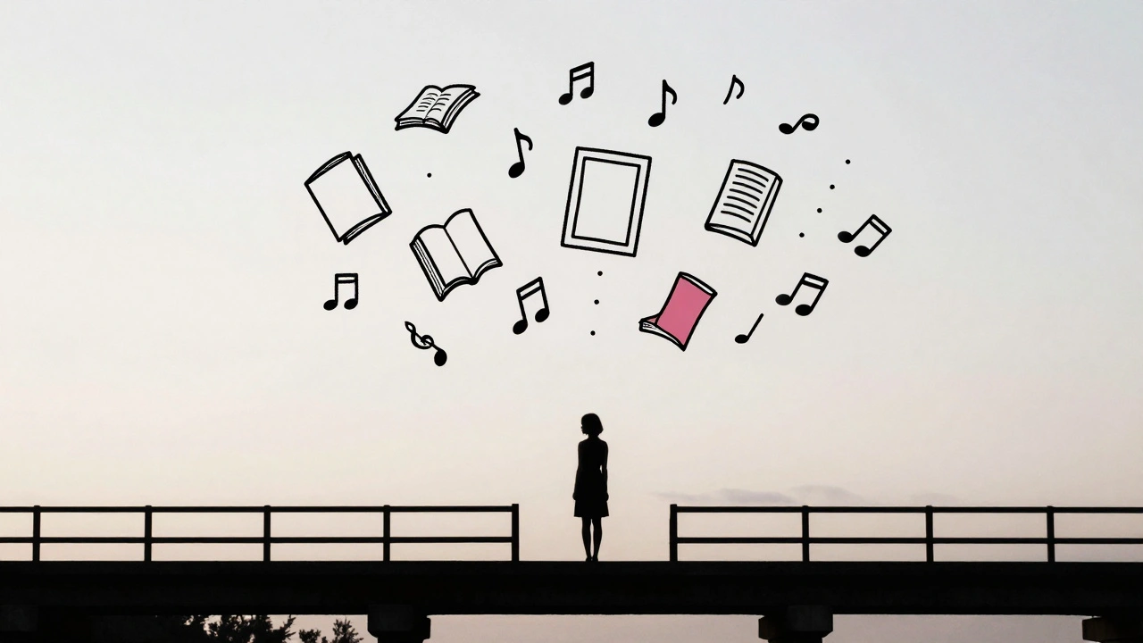 A minimalist silhouette on a bridge, surrounded by abstract symbols of culture and thought at dawn.