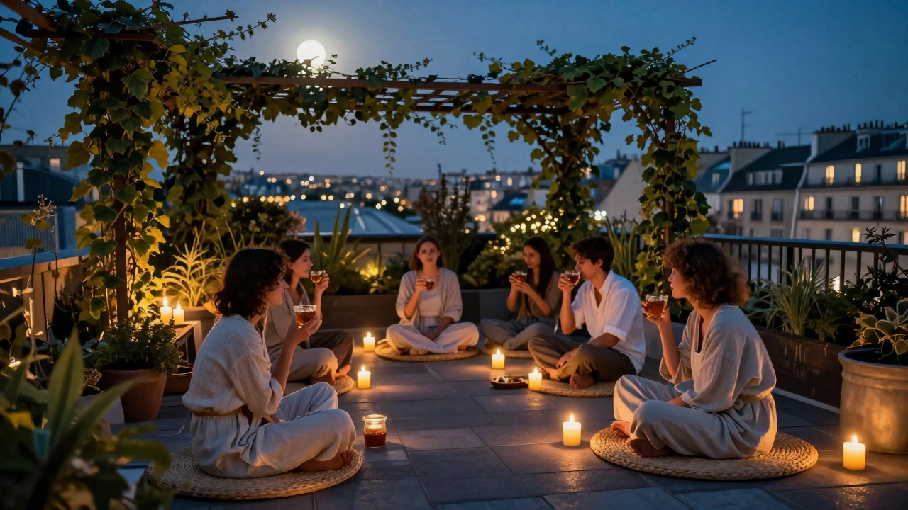 A moonlit rooftop garden with candles and linen-clad guests enjoying herbal tea in serene silence.