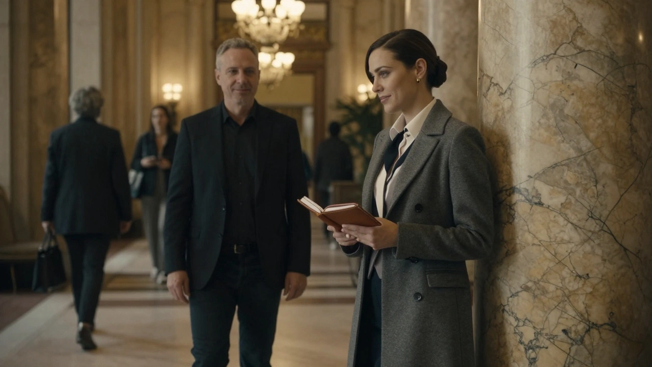 A professional escort waits calmly in a luxury hotel lobby, dressed elegantly, as a client approaches with a gentle smile.