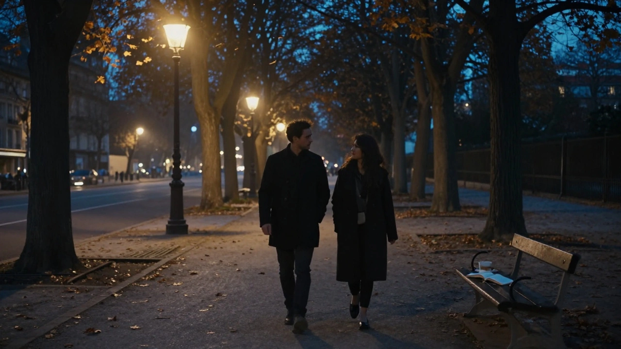 A quiet couple walking through Parc Monceau at dusk, autumn leaves falling under soft streetlamp glow.