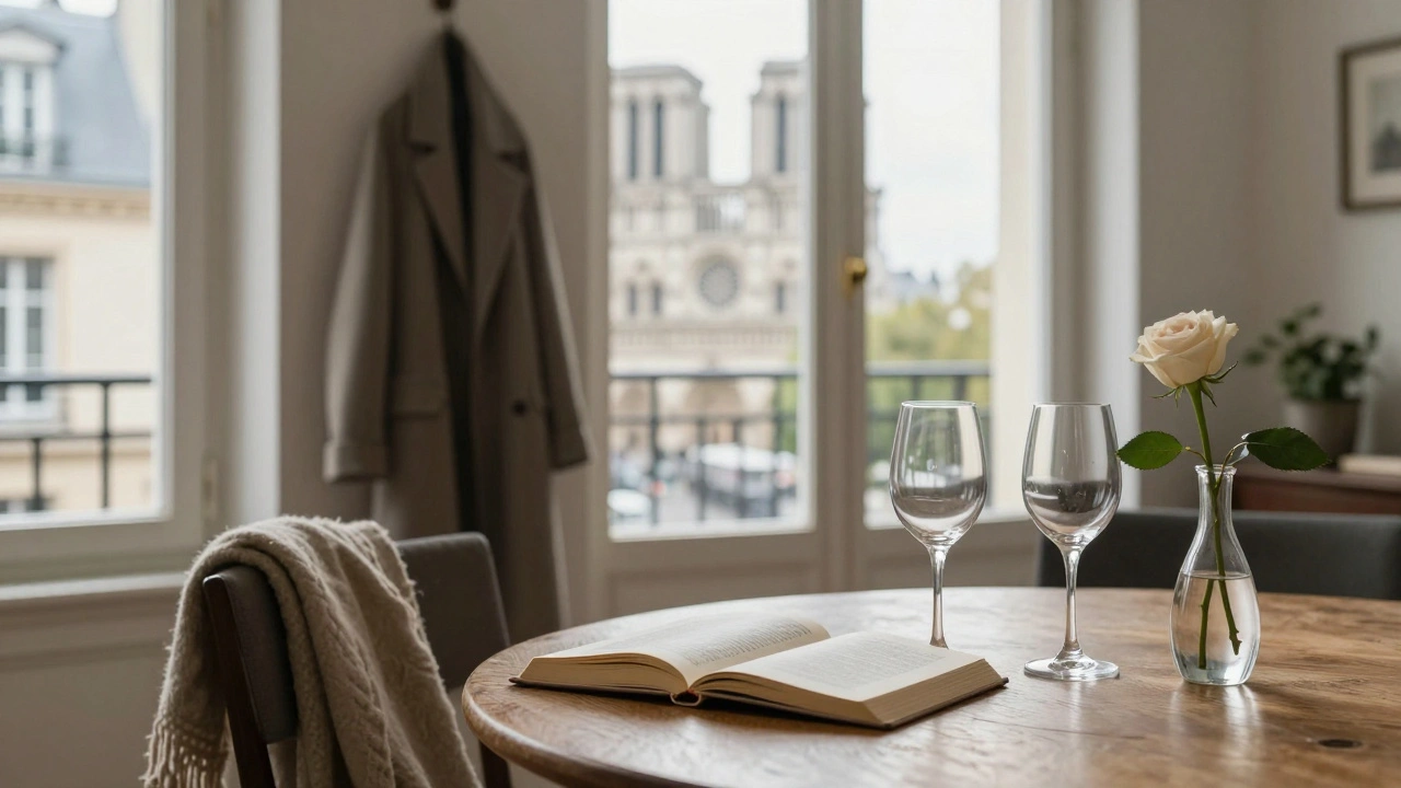 A serene Parisian apartment interior with wine glasses, an open book, and a rose, hinting at a meaningful but fleeting connection.