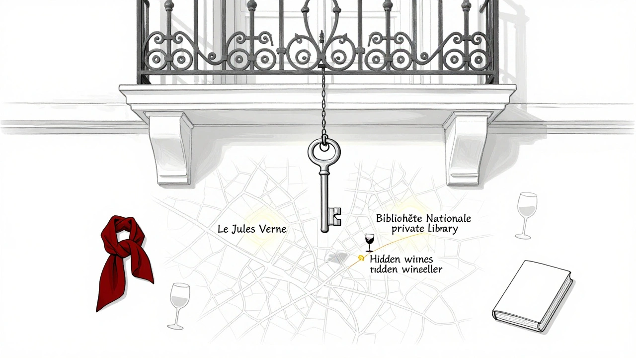 A single key hangs above a map of hidden Parisian locations, symbolizing exclusive access.