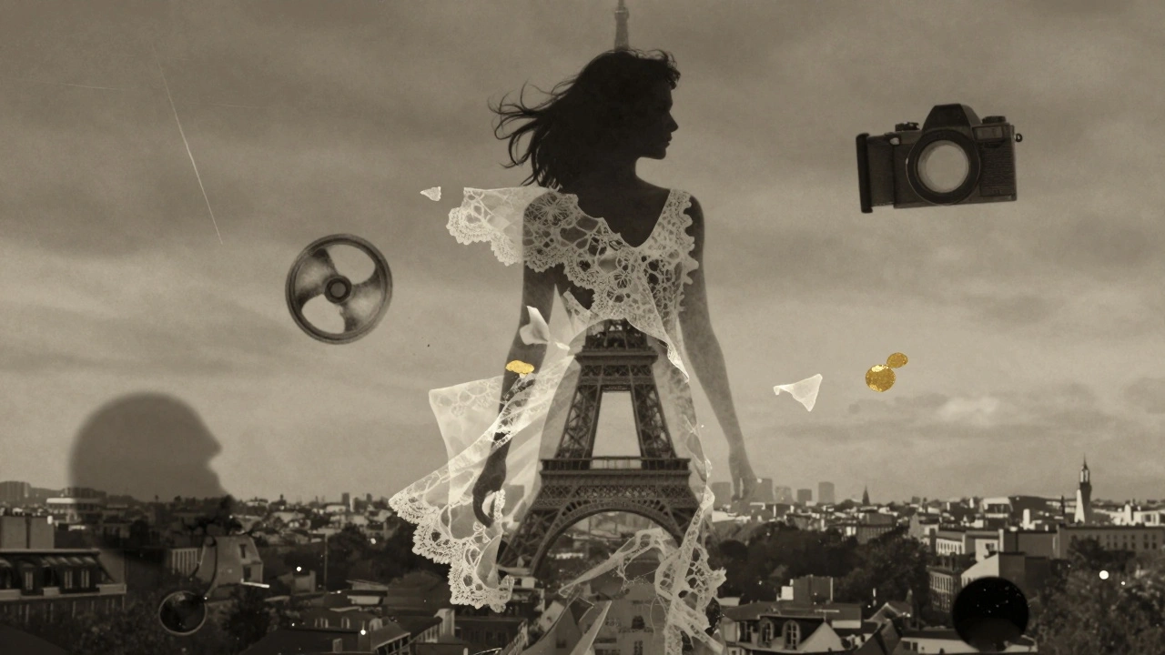 A surreal silhouette of a woman dissolves into Parisian skyline fragments of lace, light, and camera shutters.