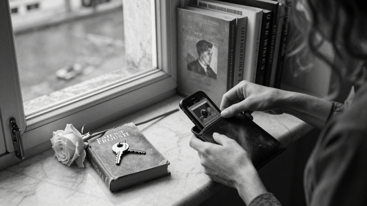 A woman's hands placing a burner phone beside a book and rose on a windowsill overlooking the Seine.