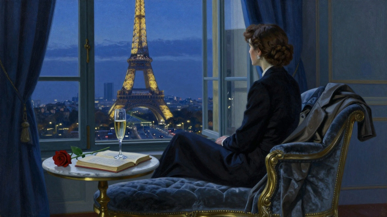 A woman gazing at the Eiffel Tower from a luxurious penthouse window, champagne and a classic novel beside her.