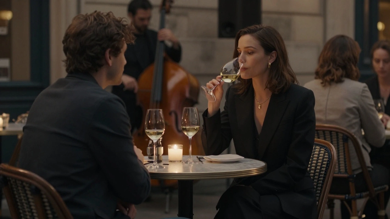 A woman in a tailored suit listens intently to a man over wine at a cozy Paris café.