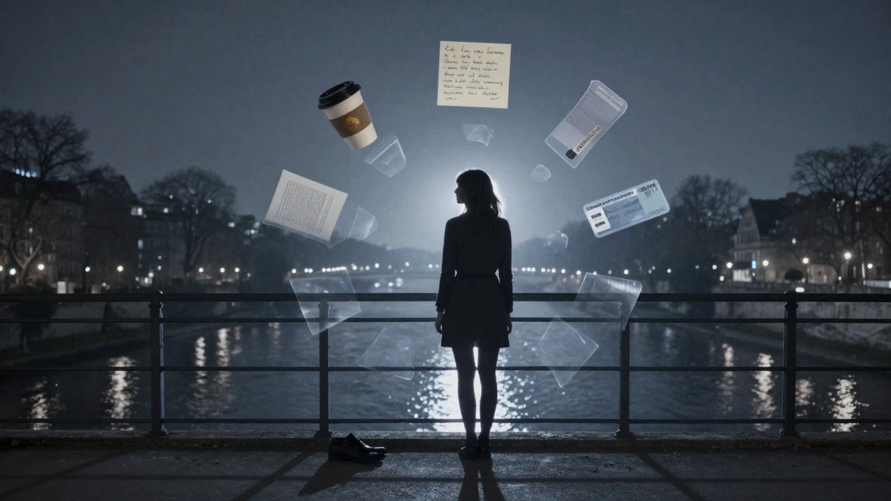 A woman on a bridge at night surrounded by floating fragments of intimate moments.