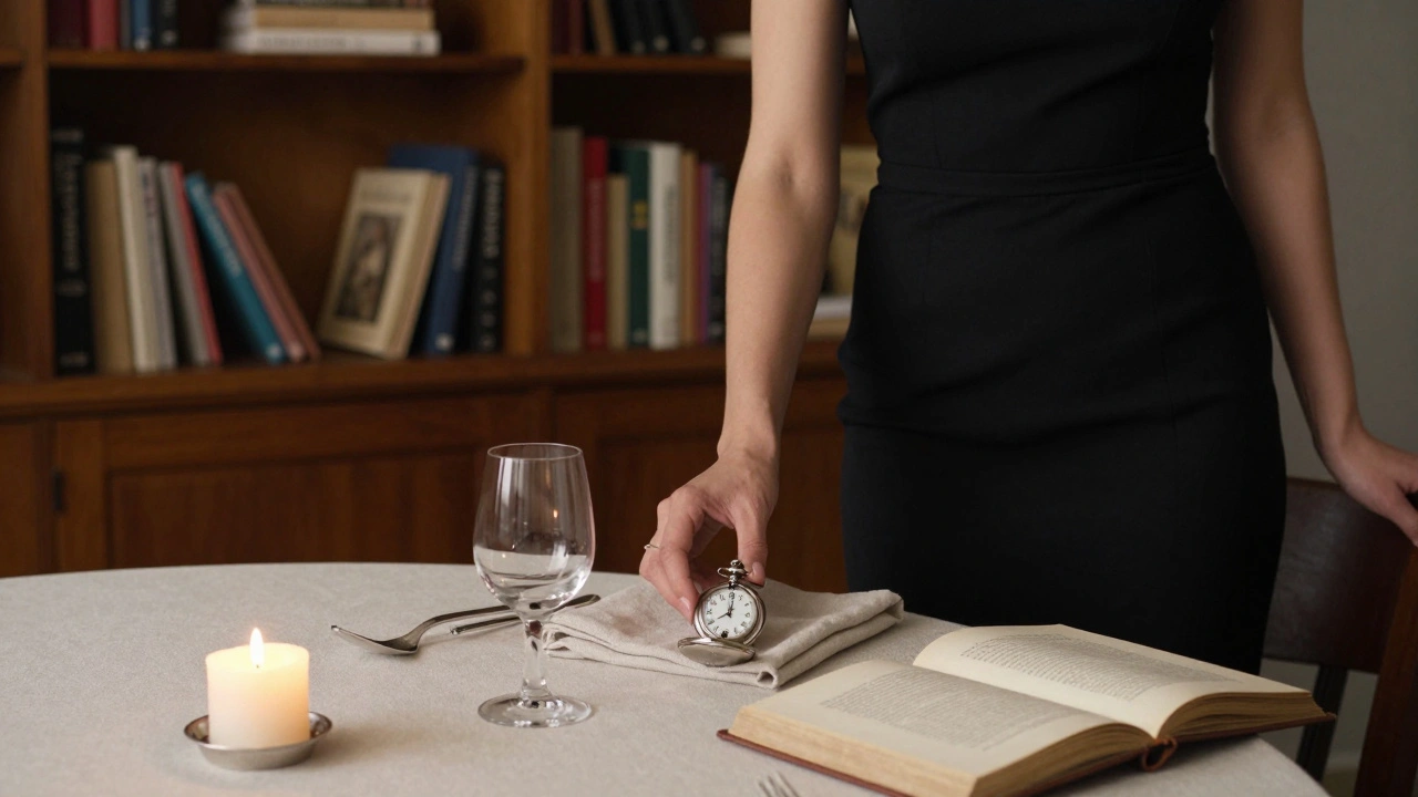 A woman placing a vintage watch on a table beside wine and an open book in a dimly lit private room.