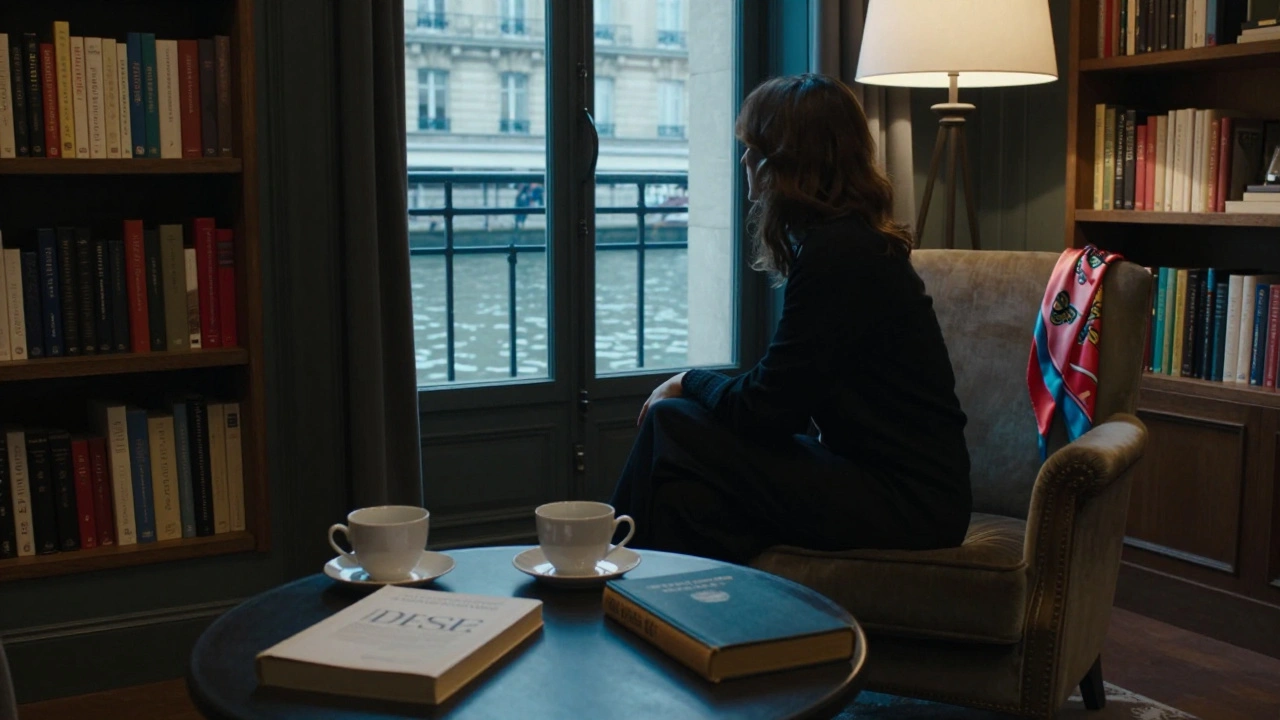 A woman sits by a window in a quiet hotel room, reading a book as the Seine glows softly outside.