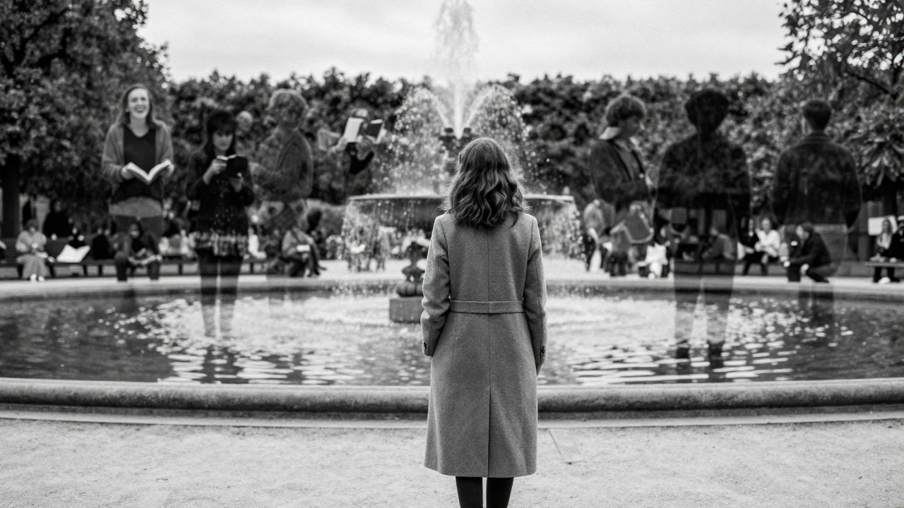 A woman stands alone in Luxembourg Gardens, translucent memories of people fading into the trees around her.