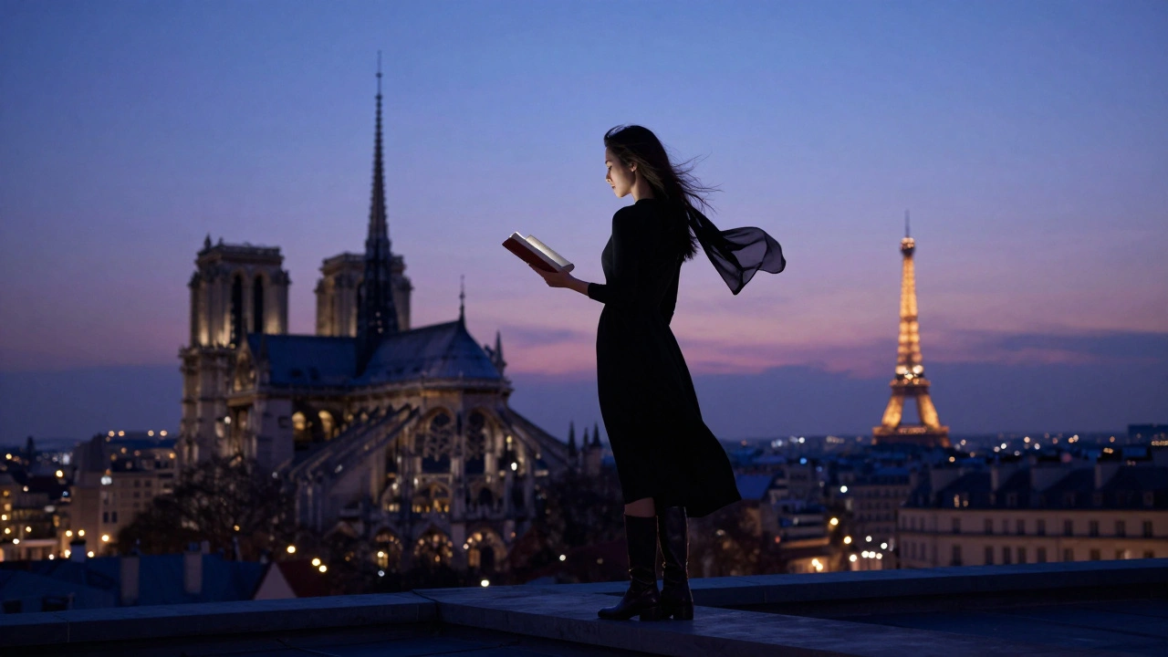 A woman stands alone on a hidden rooftop terrace at twilight, overlooking Notre-Dame with serene stillness.