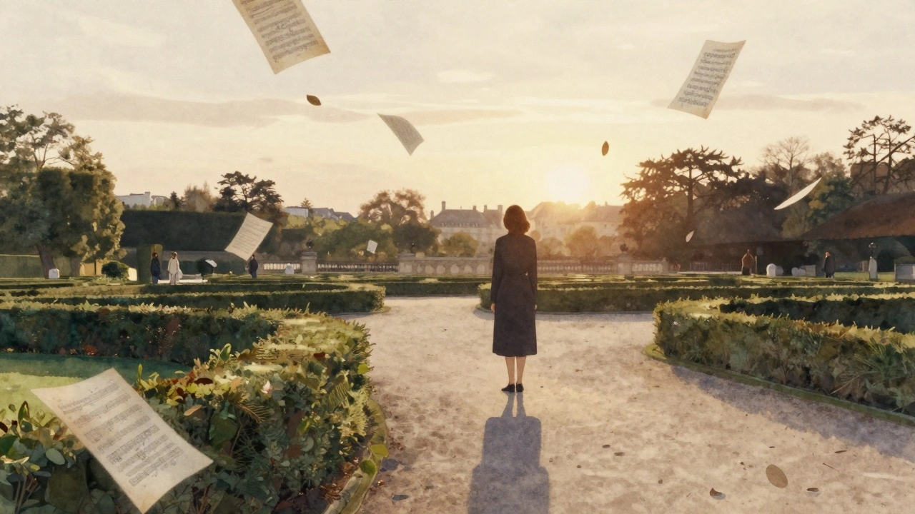 A woman stands in Luxembourg Gardens as literary and musical fragments drift around her at sunset.
