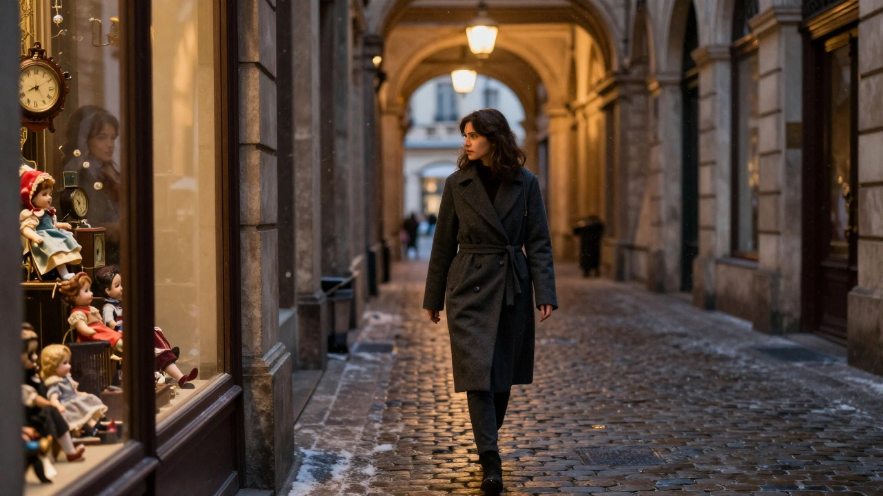 A woman walking alone through a quiet antique passage under falling snow.