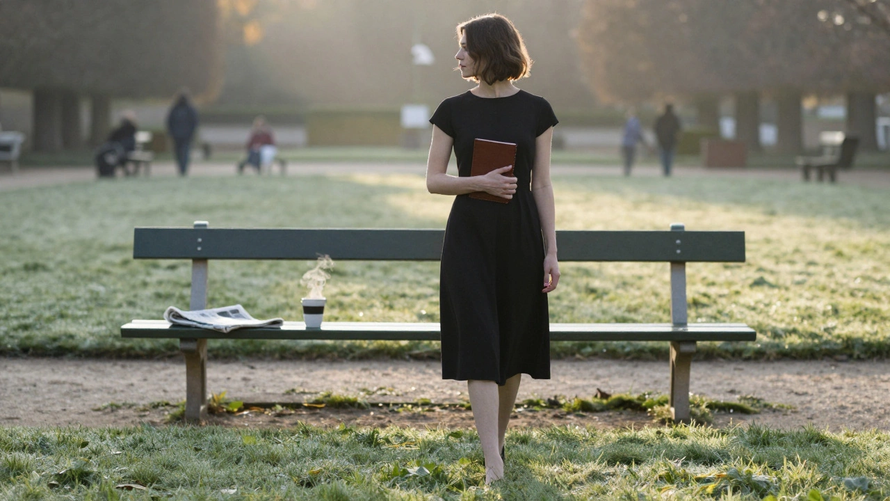 A woman walking alone through Luxembourg Gardens at sunrise, holding a journal, morning light filtering through trees.