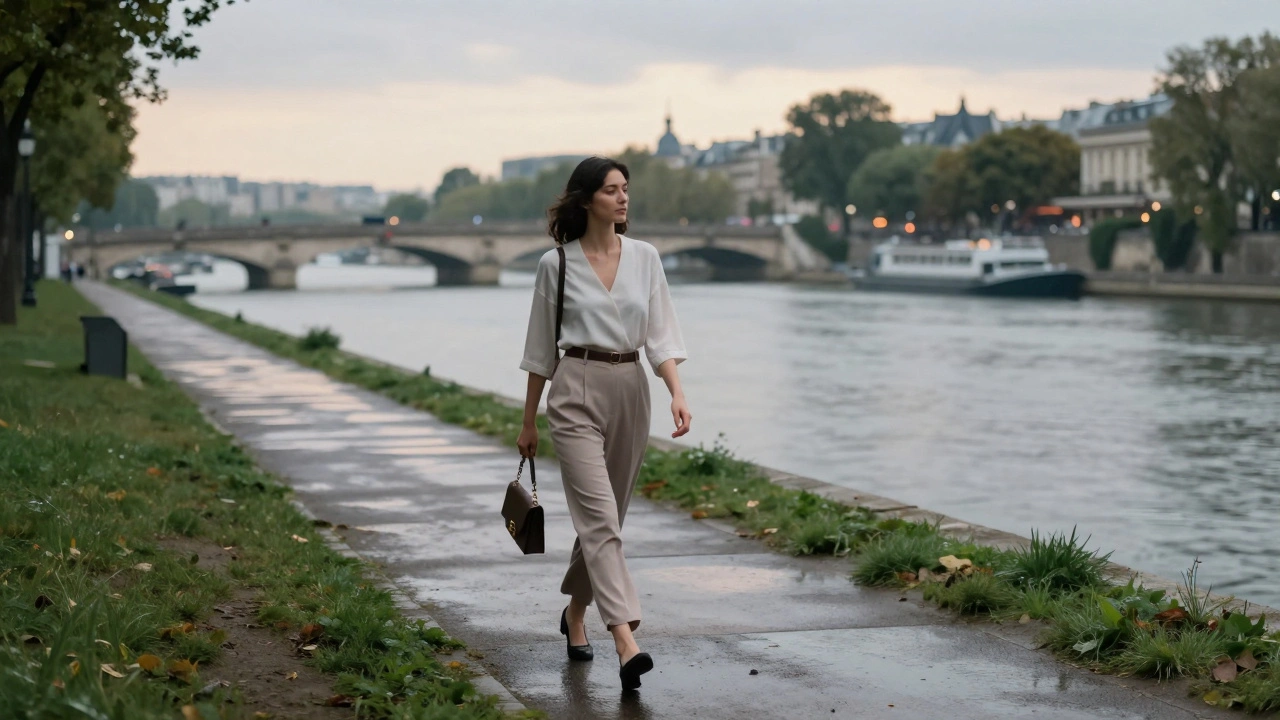A woman walks along a quiet path near Bois de Vincennes at dusk, surrounded by wet grass and the calm Paris skyline.