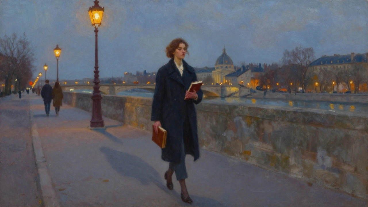 A woman walks along the Seine at twilight, holding a book, her shadow stretching behind her under historic lampposts.