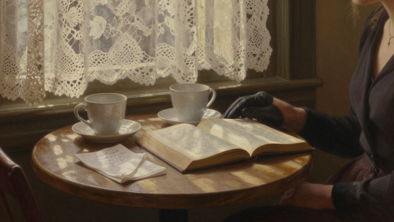 An empty café table in Saint-Germain with an open book and folded napkin, morning light streaming through curtains.