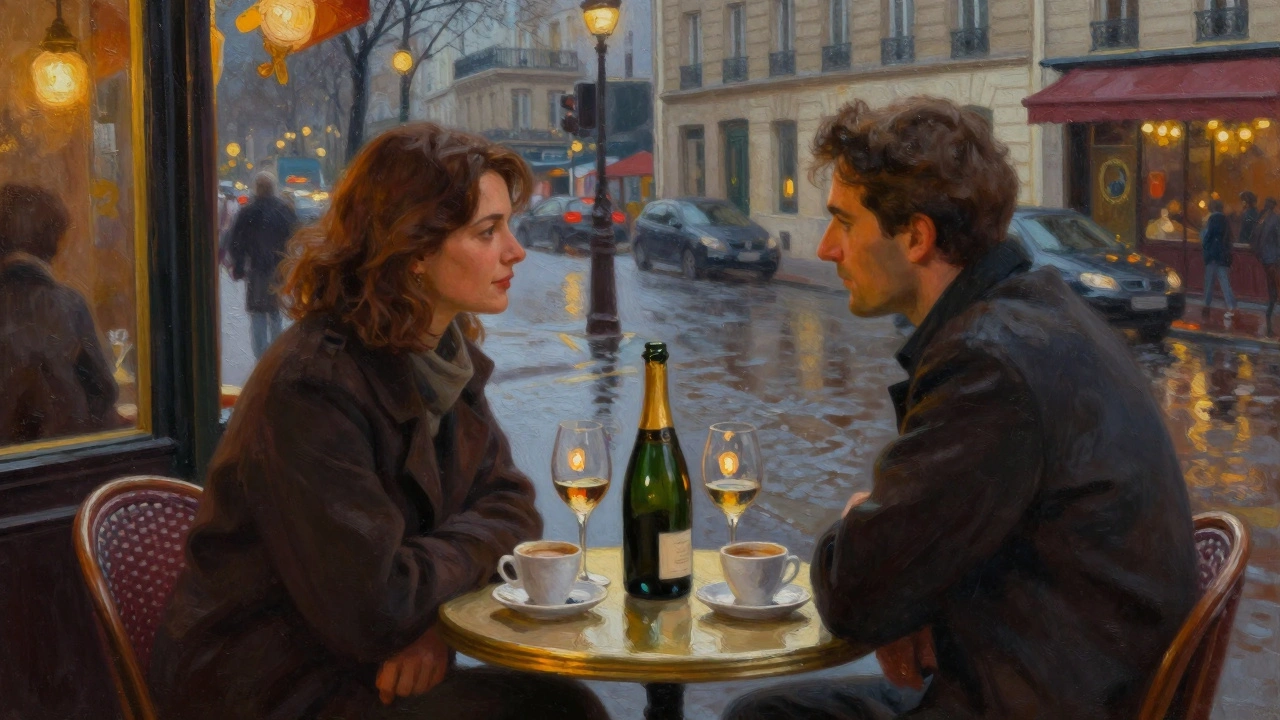 An intimate evening at a Paris café with Champagne and candlelight, atmosphere of quiet connection.