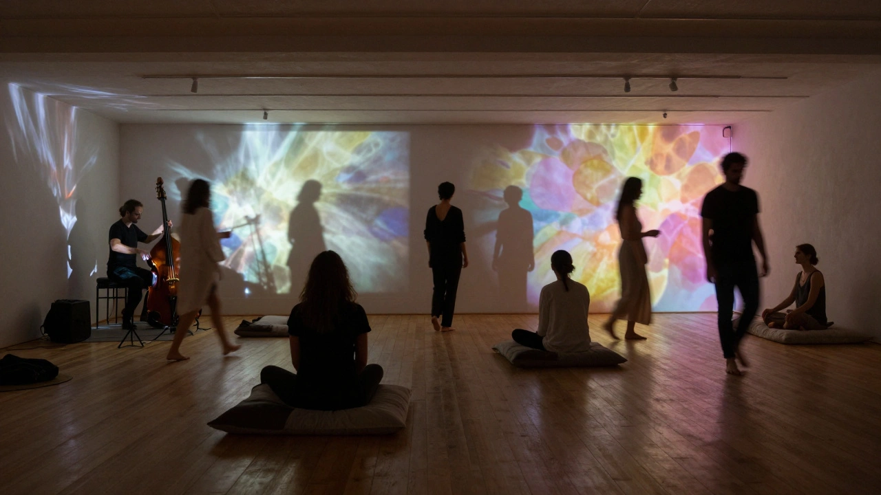 An underground space with live jazz and projected light, people moving gently in peaceful connection.